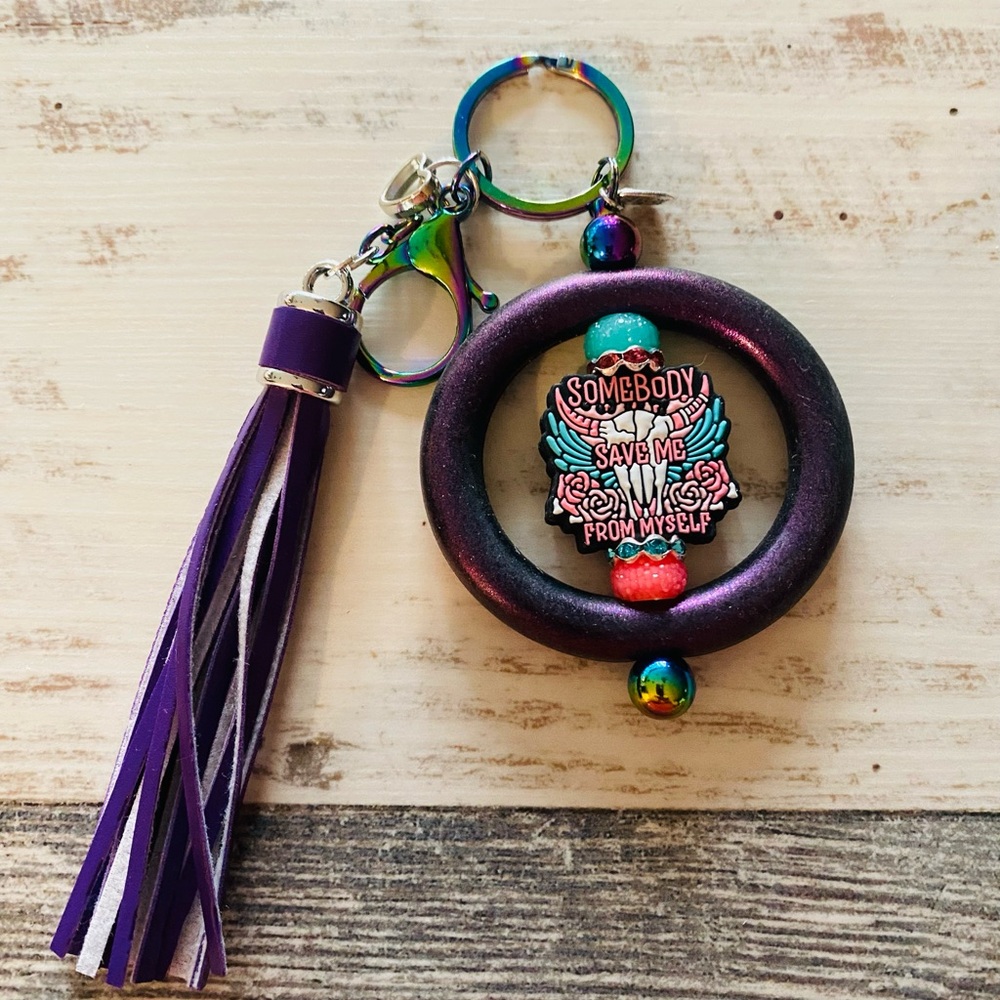 Purple and Multicolor “Somebody Save Me From Myself” Keychain with Purple Tassel